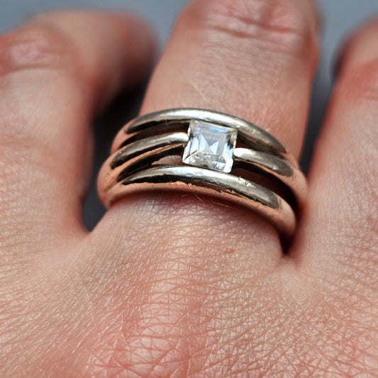 Contemporary Sterling Silver & Princess Cut Cubic Zirconia Ring - UK Ring Size O 1/2 - US Ring Size 7.5