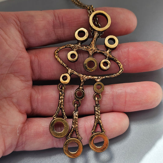 Vintage Finnish Bronze Kinetic Dangle Pendant Necklace 1970s Modernist Brutalist Style