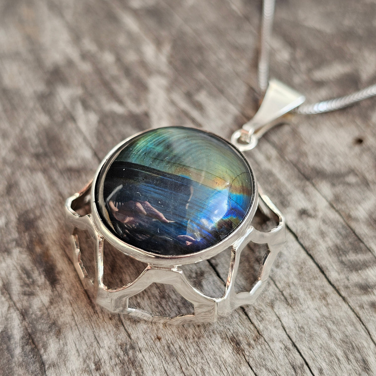 Vintage Modernist Sterling Silver & Spectrolite Necklace by Kultaseppa Salovaara 1977