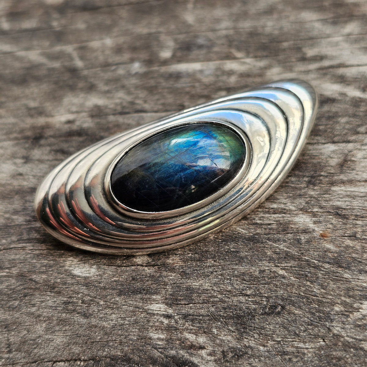 Vintage Modernist 1960s Silver & Spectrolite Brooch by Elis Kauppi Kupittaan Kulta