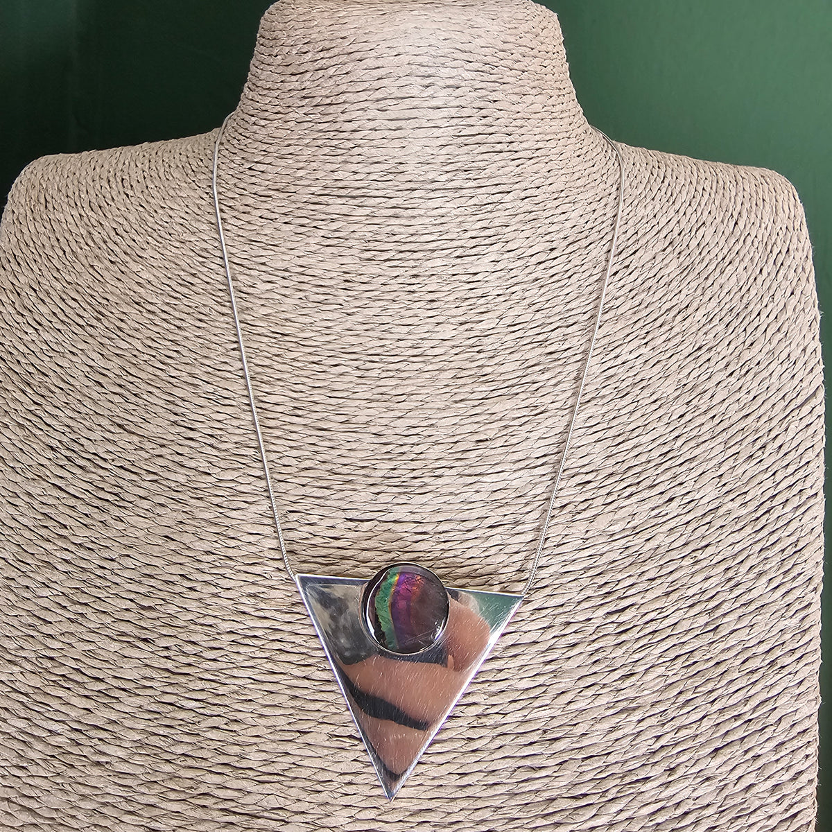 Vintage 1990s Triangular Sterling Silver & Spectrolite Necklace Pendant / Brooch 1991