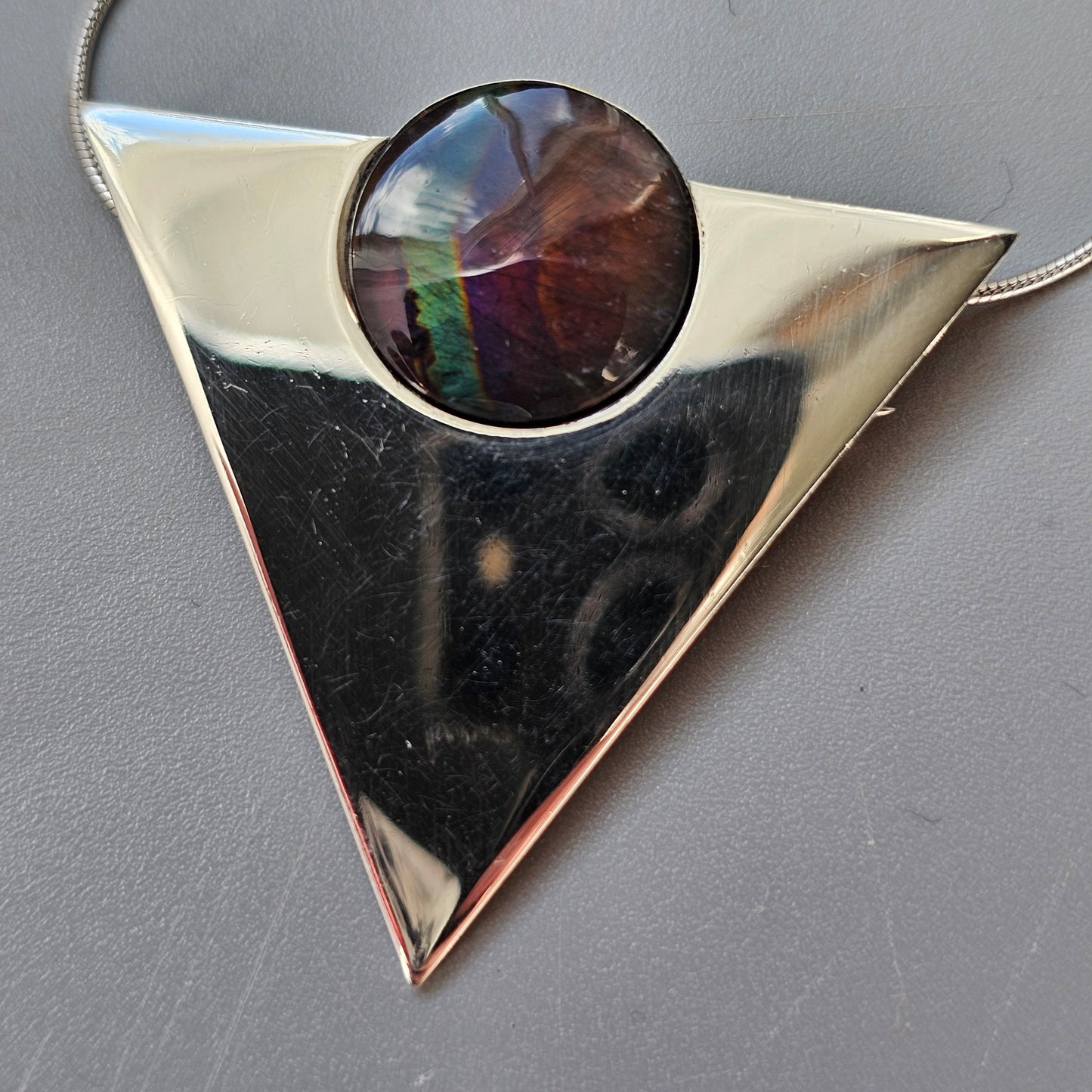 Vintage 1990s Triangular Sterling Silver & Spectrolite Necklace Pendant / Brooch 1991