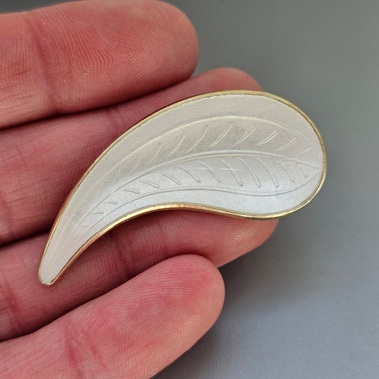 Vintage Scandinavian Sterling Silver White Enamel Leaf Brooch