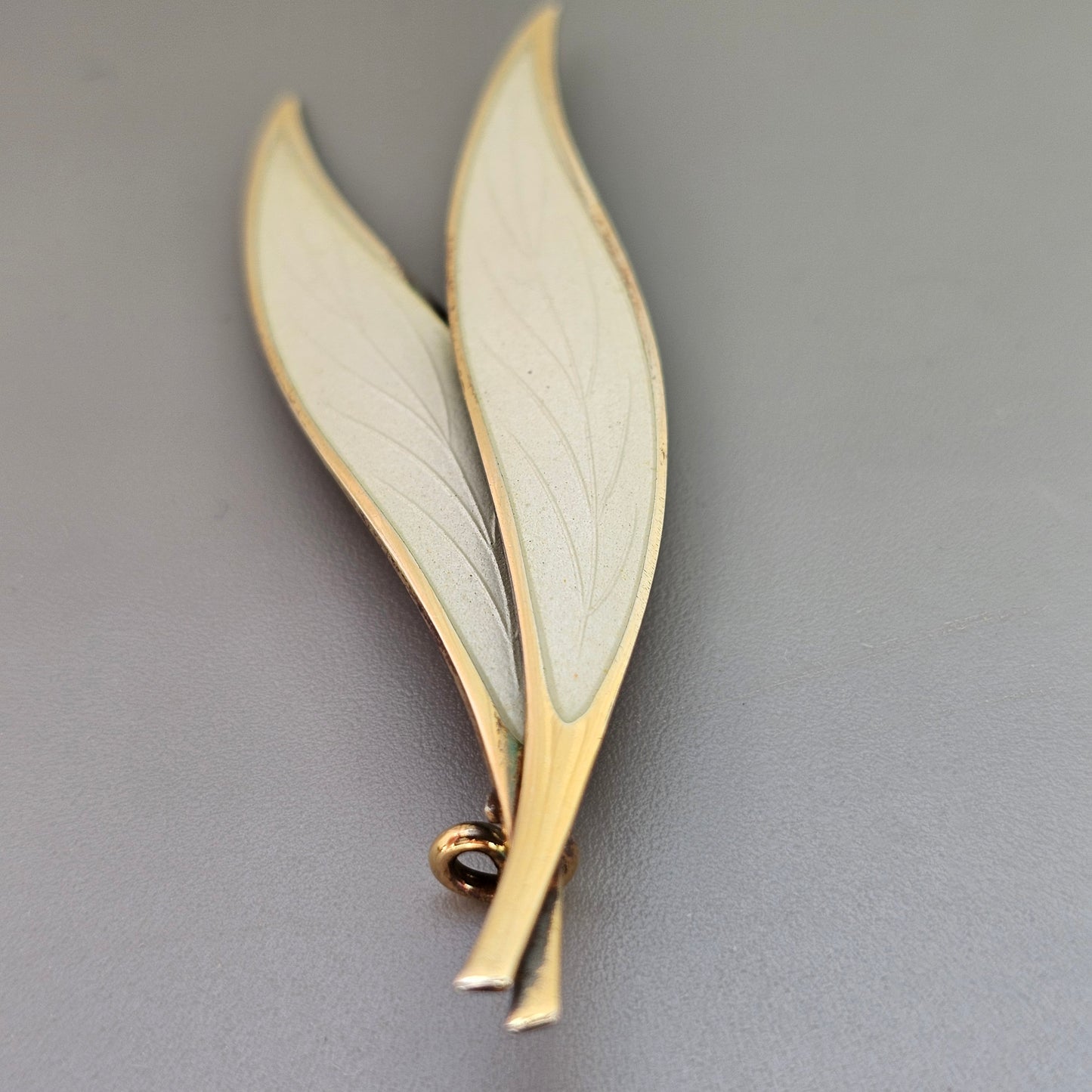 Vintage Norwegian Sterling Silver White Enamel Leaf Brooch by NM Thune