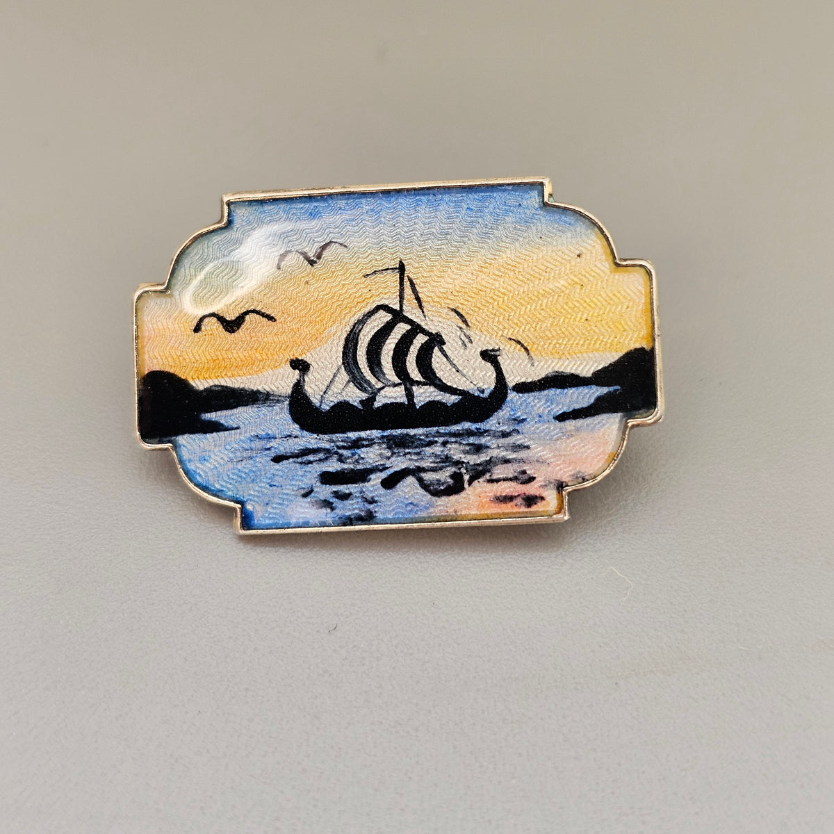 Vintage Ivar T Holth Norwegian Sterling Silver Enamel Viking Ship Brooch