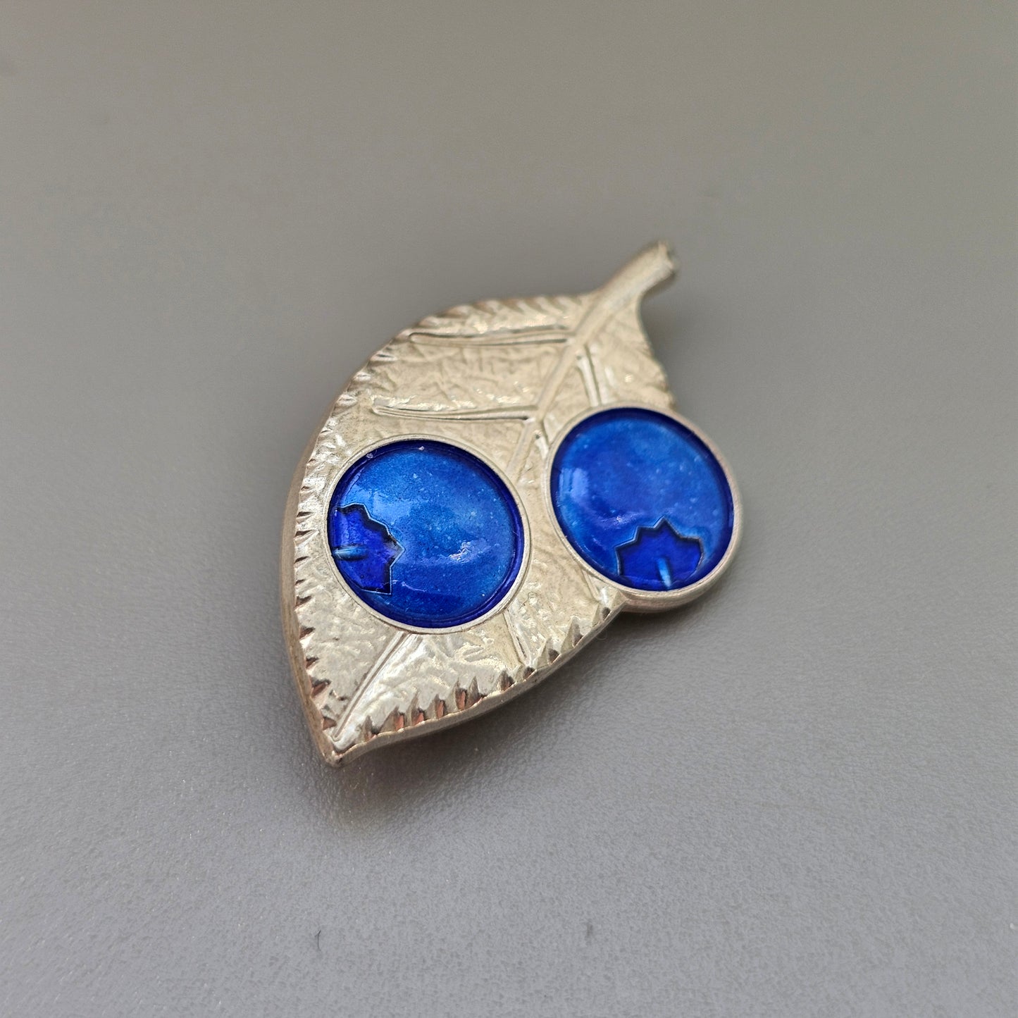 Small Finnish Sterling Silver & Blue Enamel Blueberry Leaf Brooch