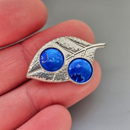 Small Finnish Sterling Silver & Blue Enamel Blueberry Leaf Brooch