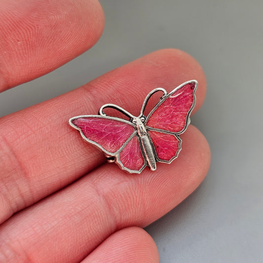 Small Vintage Silver Tone Pink Enamel Butterfly Brooch