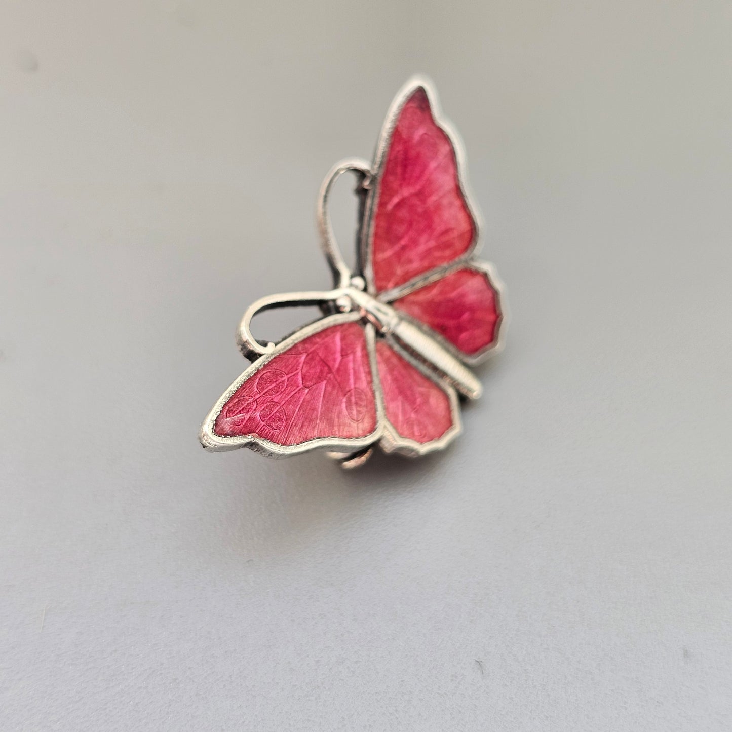 Small Vintage Silver Tone Pink Enamel Butterfly Brooch