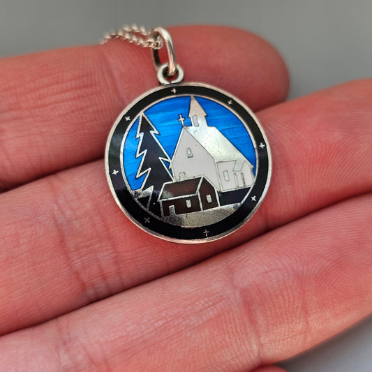 Vintage 1930s Finnish Silver Enamel Winter Church Scene Necklace by Sundqvist Brothers