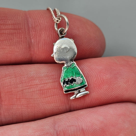 Vintage Sterling Silver Enamel Charlie Brown Necklace Pendant