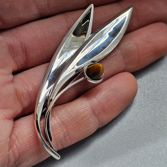 Vintage 60s Modernist Silver Tigers Eye Flower Brooch Elis Kauppi Kupittaan Kulta 1962
