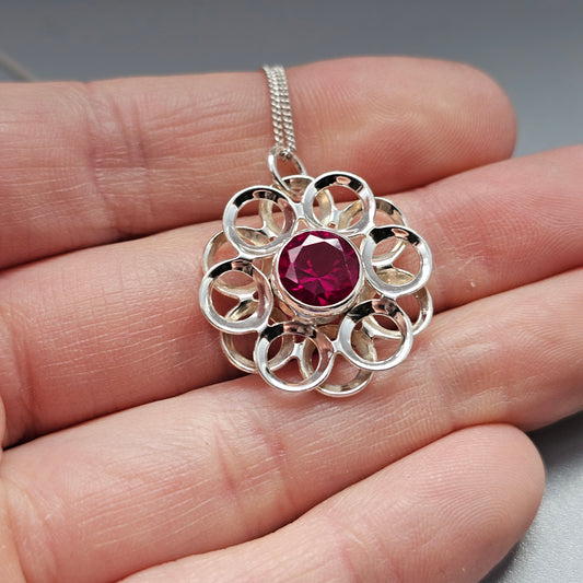 Vintage Modernist Silver & Ruby Flower Necklace Pendant by Kultaseppä Salovaara
