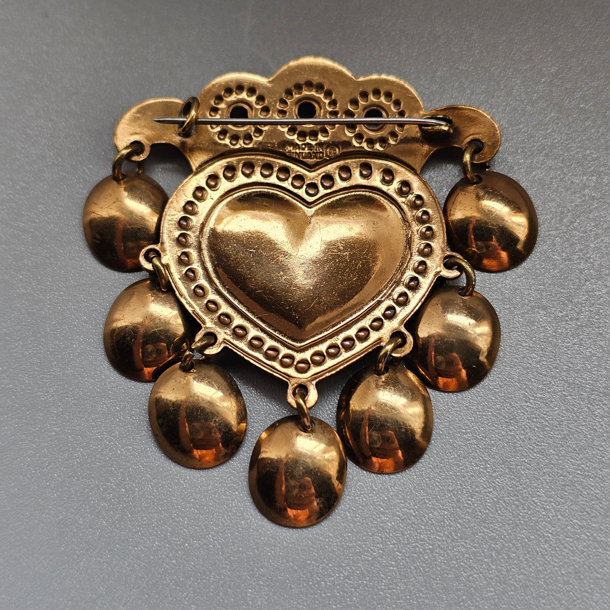 Vintage Finnish Kalevala Koru Middle Ages Style Dangly Bronze Heart SALT Brooch
