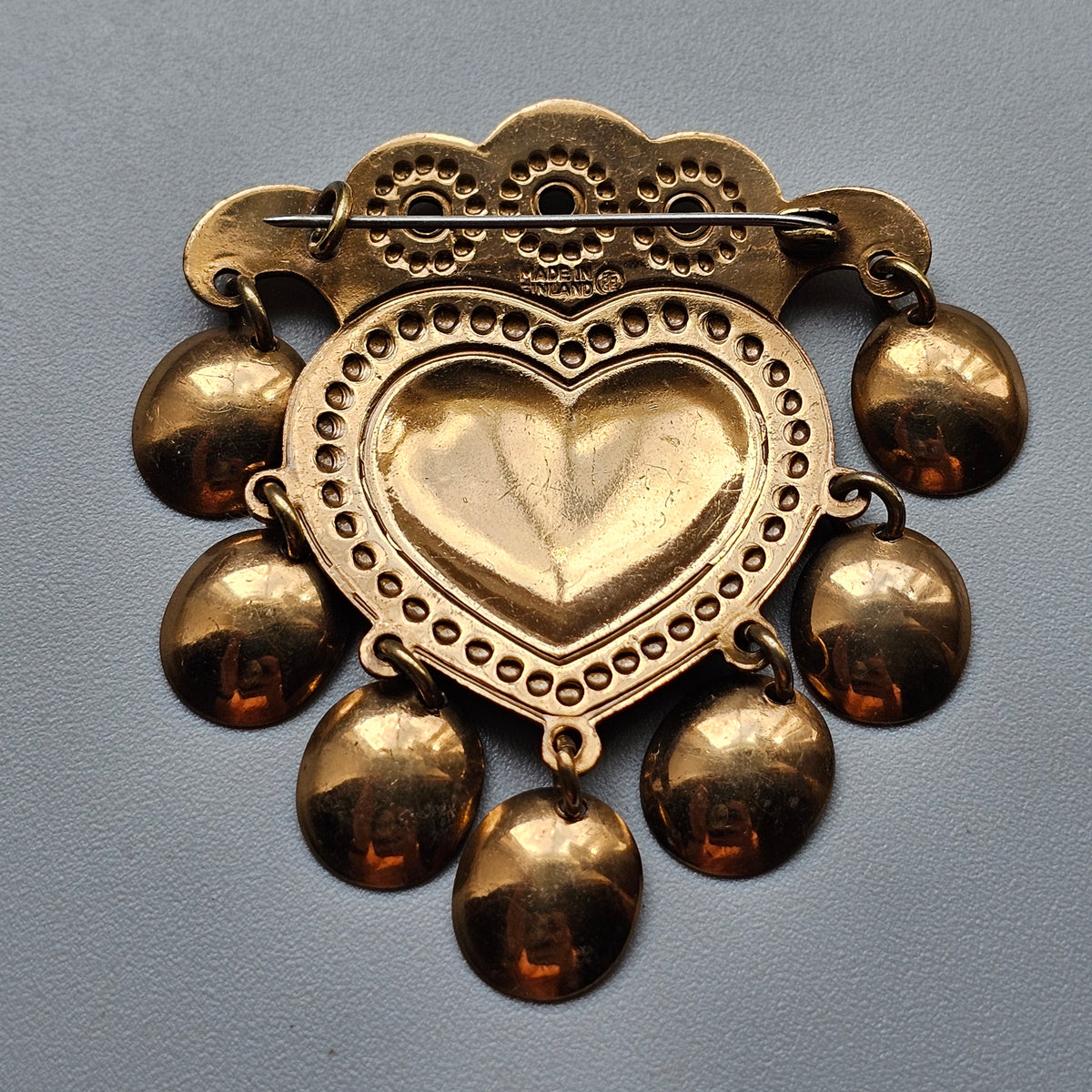 Vintage Finnish Kalevala Koru Middle Ages Style Dangly Bronze Heart SALT Brooch
