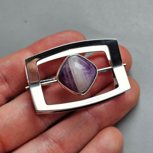 1960s Finnish Modernist Silver & Banded Amethyst Brooch by Elis Kauppi & Kupittaan Kulta