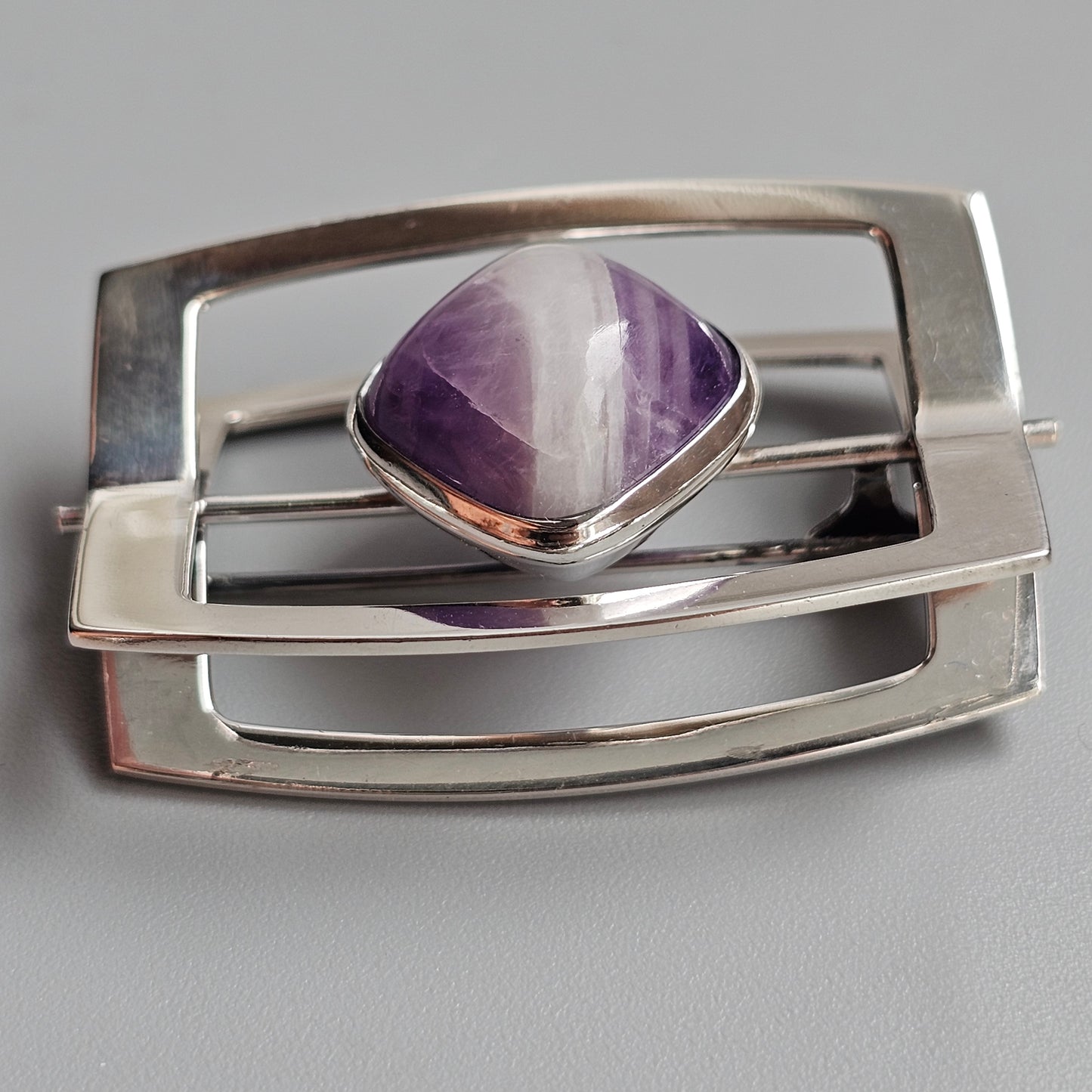 1960s Finnish Modernist Silver & Banded Amethyst Brooch by Elis Kauppi & Kupittaan Kulta