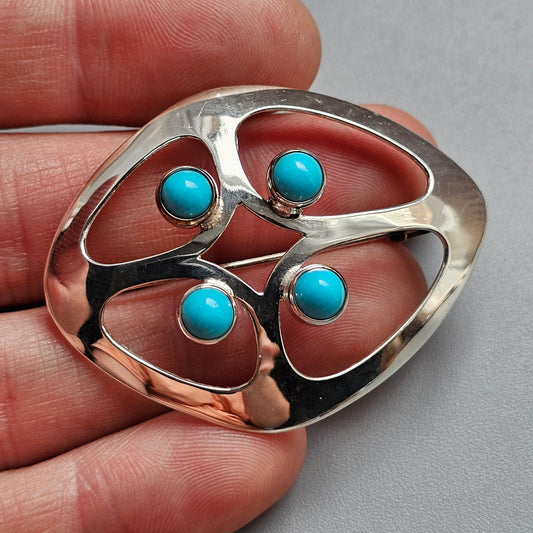 Vintage 1960s Kultaseppä Salovaara Finnish Silver & Turquoise Glass Modernist Brooch
