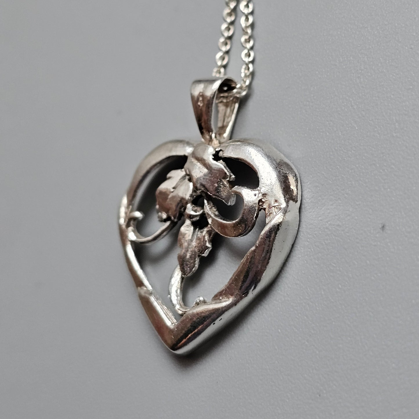 Vintage Danish Silver Heart Necklace Pendant Floral Scroll Design
