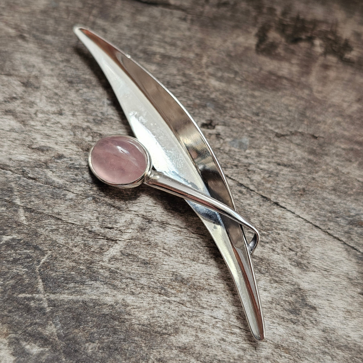Vintage 1960s Elis Kauppi Finnish Silver Rose Quartz Modernist Brooch