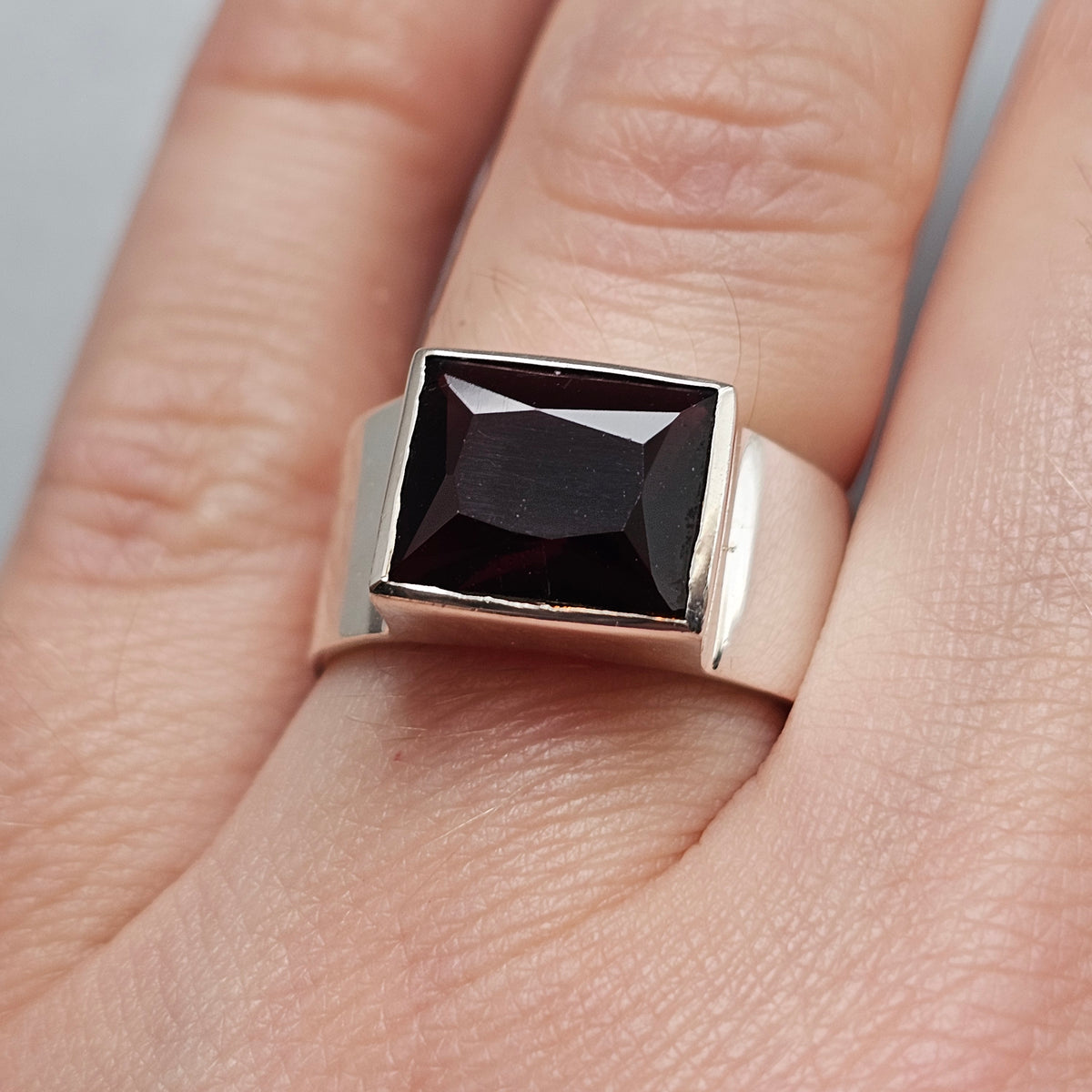 Contemporary Sterling Silver Rectangular Garnet Modernist Statement Ring
