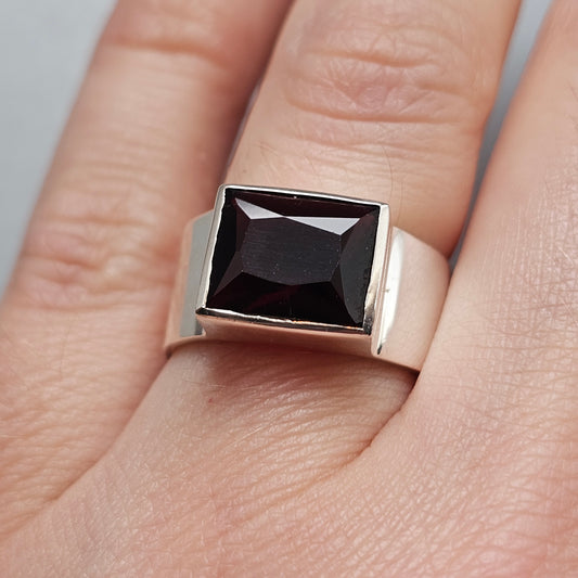 Contemporary Sterling Silver Rectangular Garnet Modernist Statement Ring