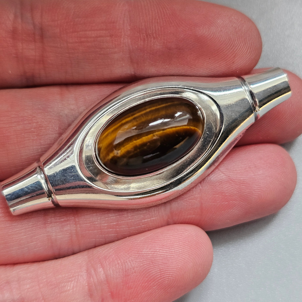 Vintage 1960s Elis Kauppi Kupittaan Kulta Finnish Silver Tiger's Eye Brooch 1960