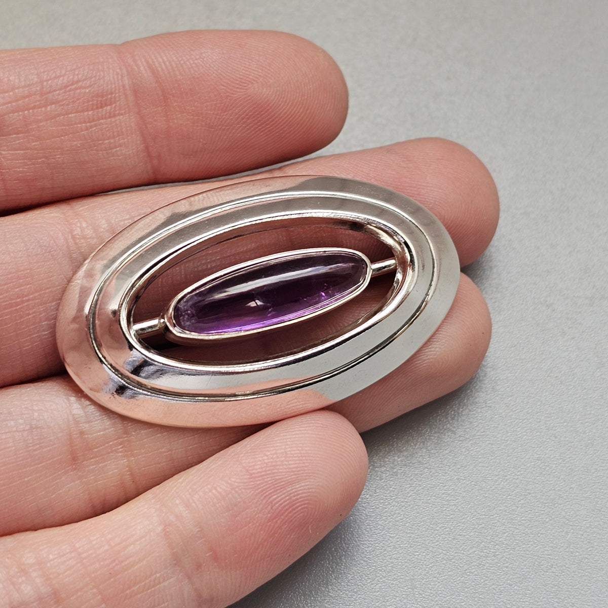 Vintage 1960s Erik Granit Finnish Silver Amethyst Modernist Brooch 1965