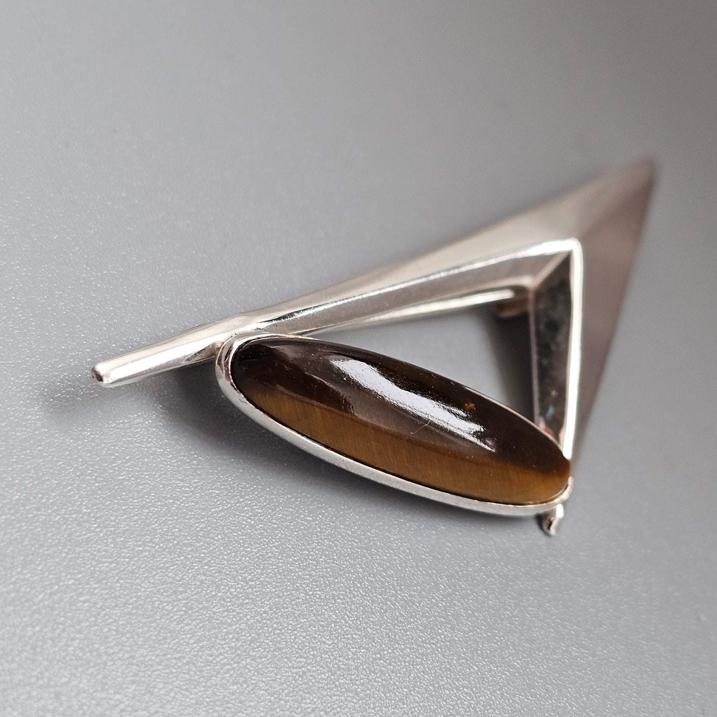 Vintage Turun Hopea Finnish Silver Tiger's Eye Modernist Brooch