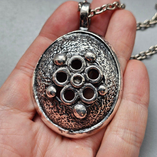 Vintage 1970s Finnish Floral Modernist Pewter Pendant Necklace