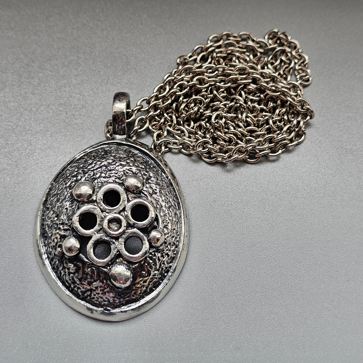 Vintage 1970s Finnish Floral Modernist Pewter Pendant Necklace