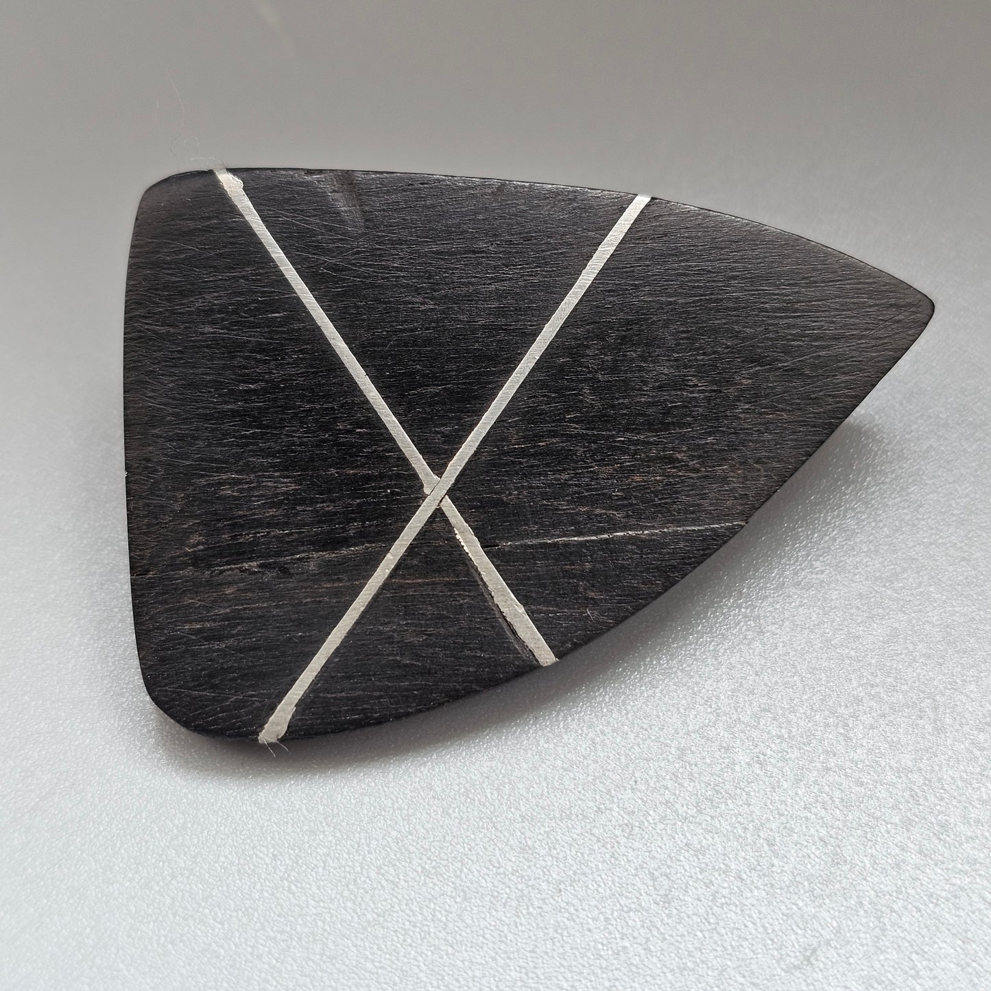 Vintage 1960s Danish Modernist Black Ebony Wood Silver Line Inlay Brooch