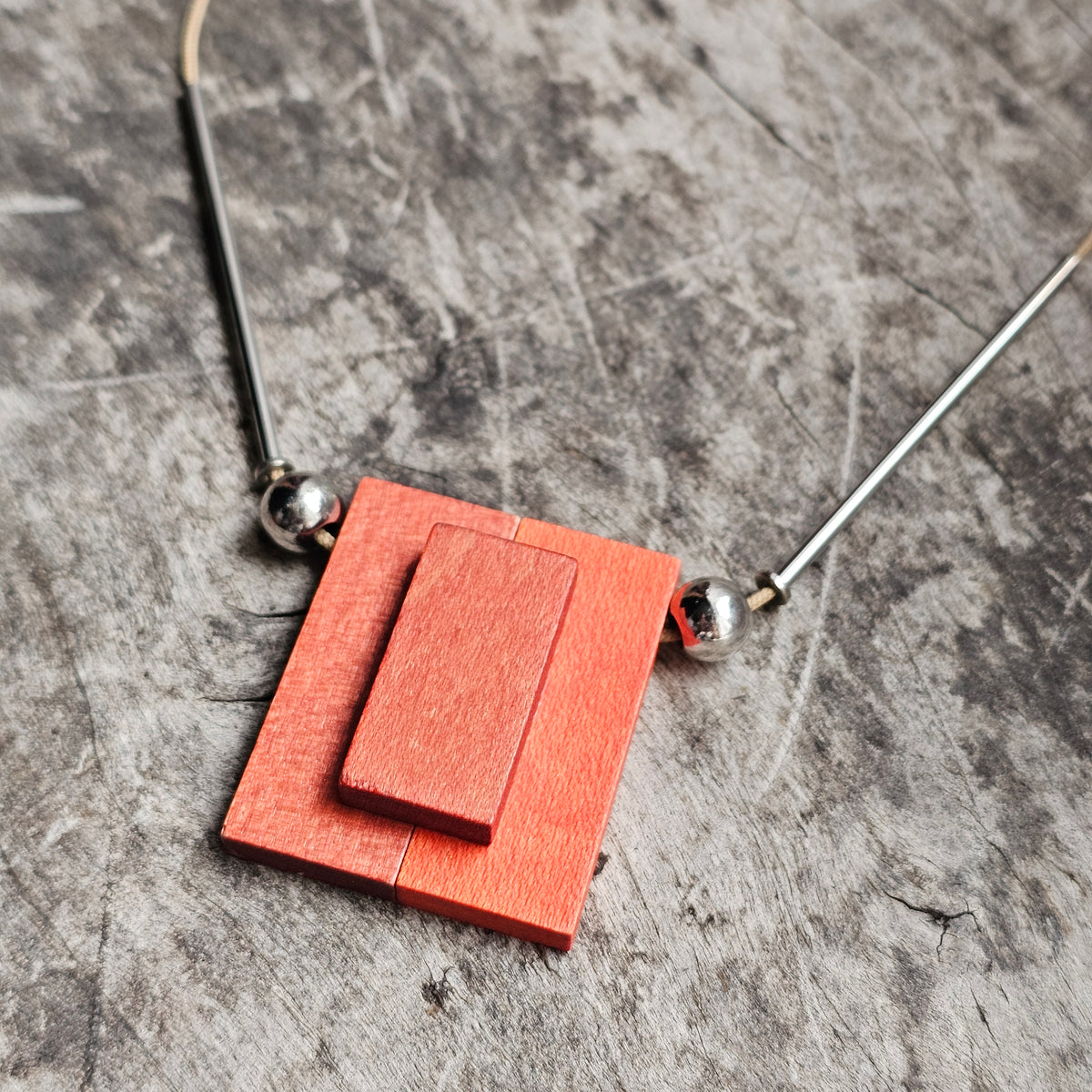 Contemporary Aarikka Finnish Red Wooden Geometric Pendant Necklace