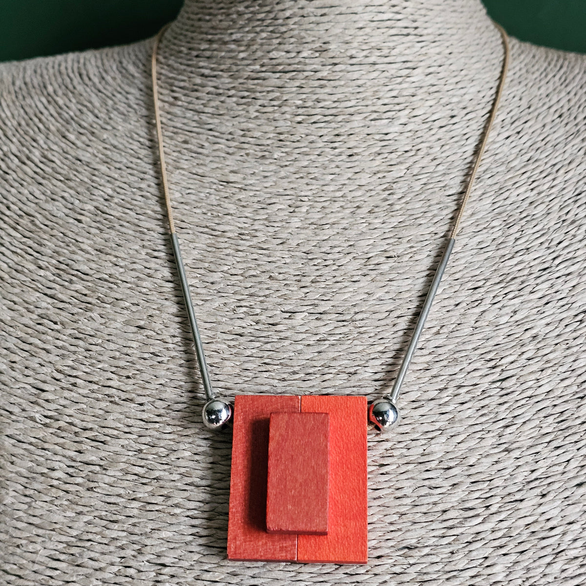 Contemporary Aarikka Finnish Red Wooden Geometric Pendant Necklace
