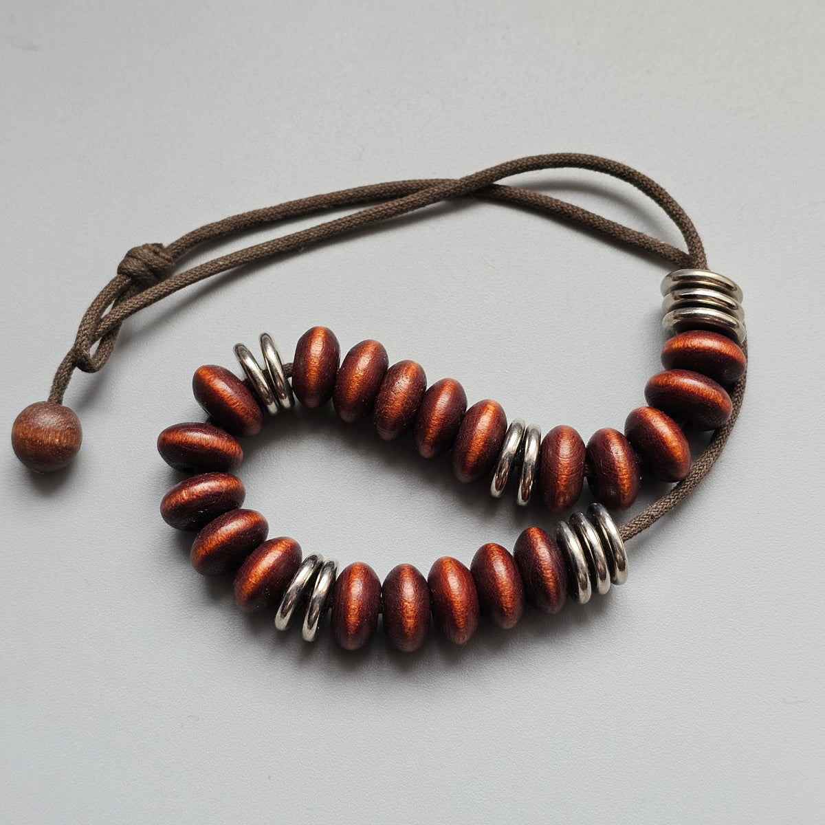Vintage 1980s 1990s Aarikka Finnish Wooden Brown & Silver Tone Rondel Bead Necklace