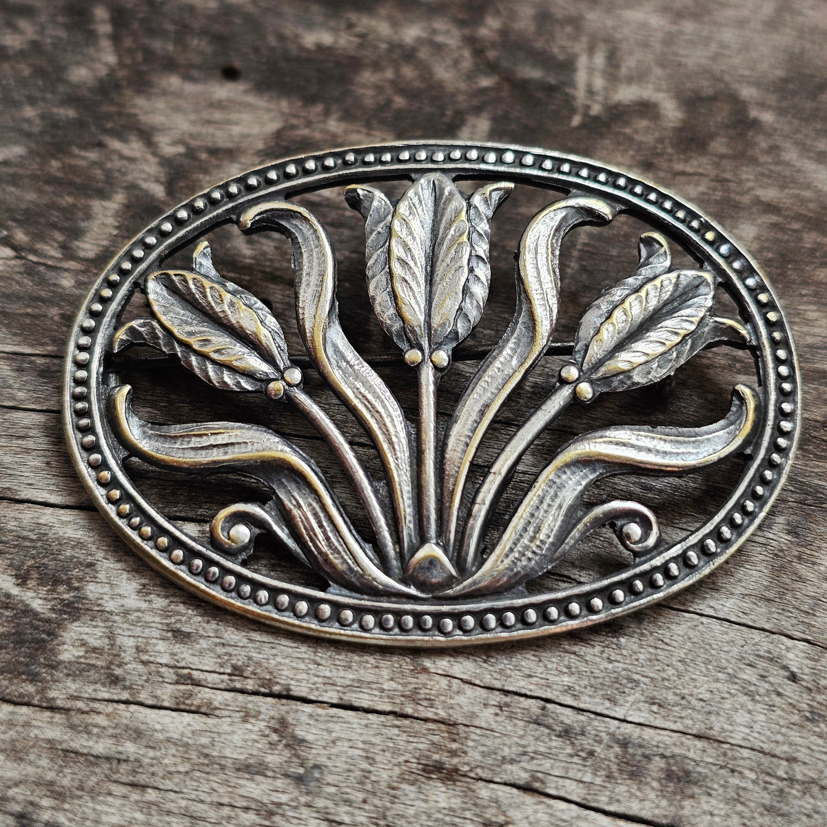 Vintage Art Nouveau Style Nordic Silver Tone Floral Brooch