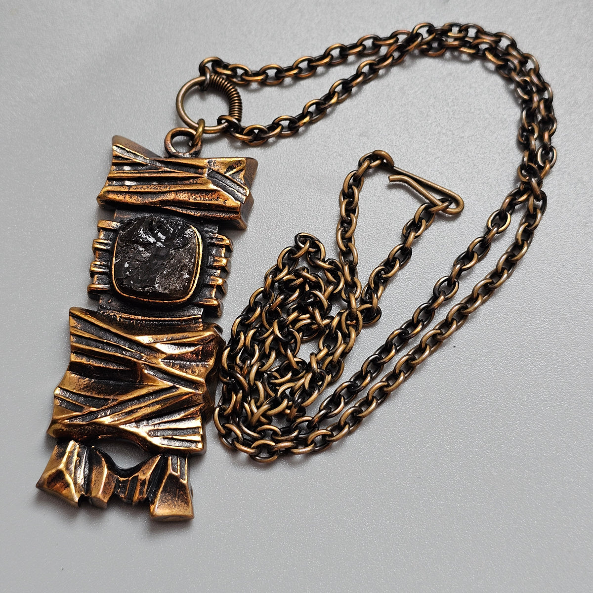 Vintage 1970s Finnish Brutalist Bronze & Smoky Quartz Necklace 'Kelo' By Pentti Sarpaneva