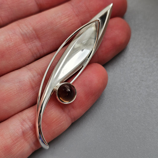 Smaller Finnish 1960s Modernist Silver & Smoky Quartz Flower Brooch by Elis Kauppi Kupittaan Kulta 1964