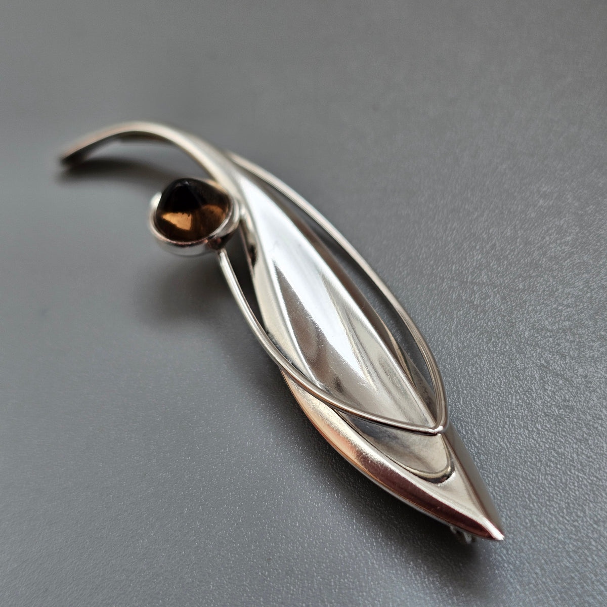 Smaller Finnish 1960s Modernist Silver & Smoky Quartz Flower Brooch by Elis Kauppi Kupittaan Kulta 1964