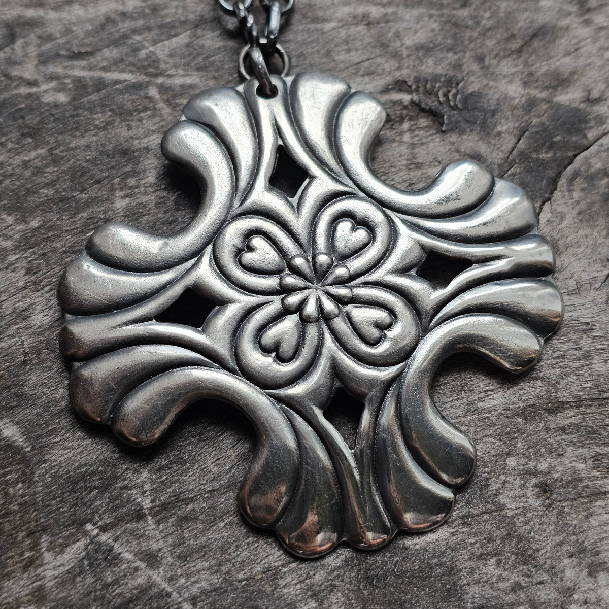Vintage Nordic Folk Style Silver Tone Floral Cross Pendant Necklace