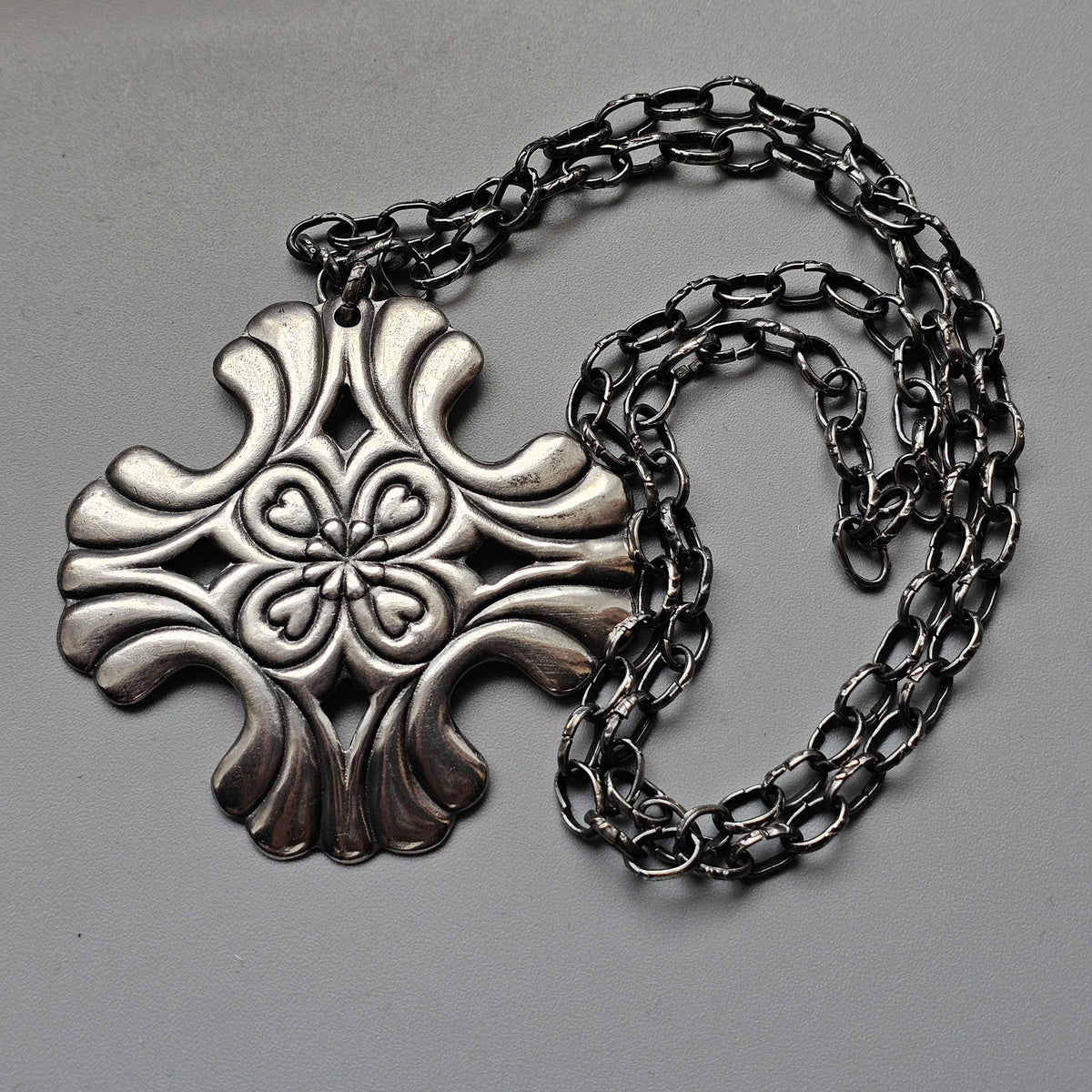 Vintage Nordic Folk Style Silver Tone Floral Cross Pendant Necklace