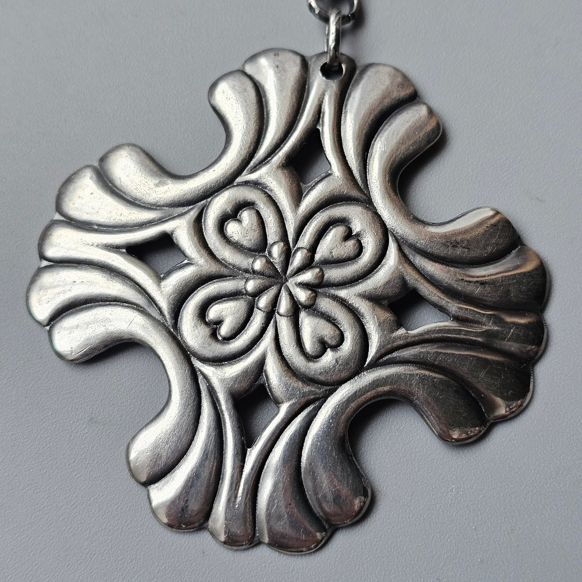 Vintage Nordic Folk Style Silver Tone Floral Cross Pendant Necklace