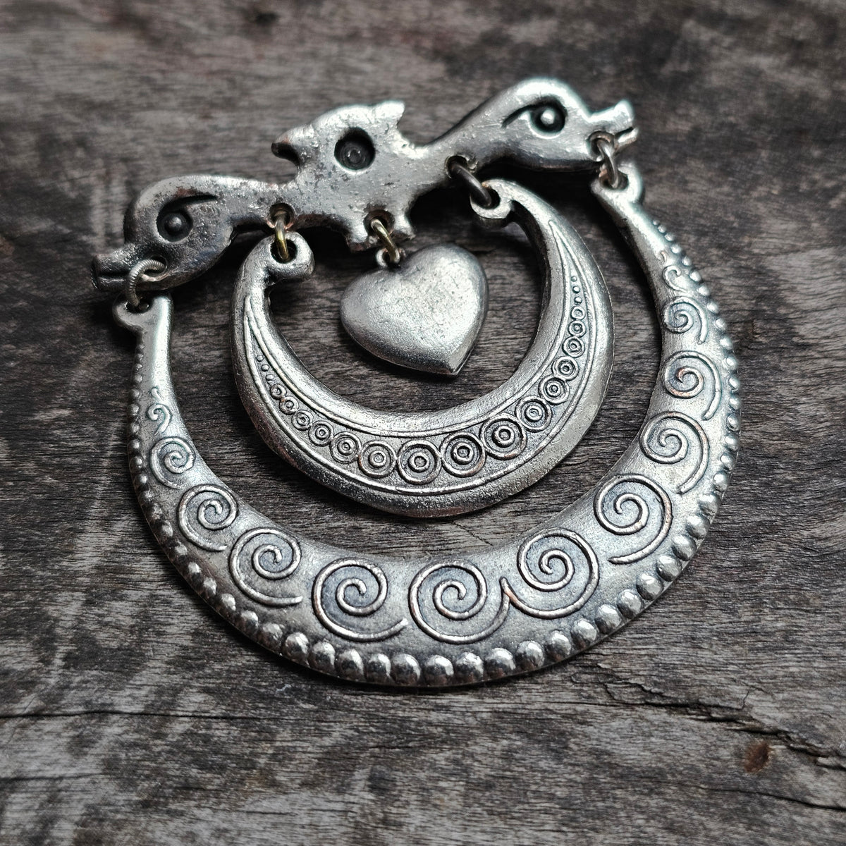 Vintage Nordic Folk Style Silver Tone Heart Dangle Brooch