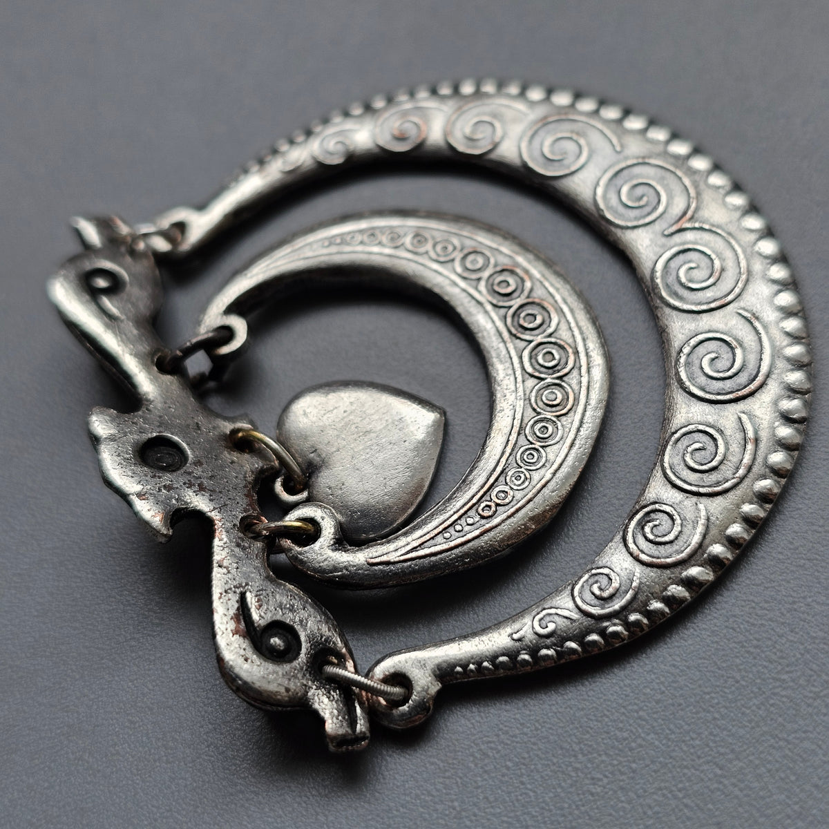 Vintage Nordic Folk Style Silver Tone Heart Dangle Brooch
