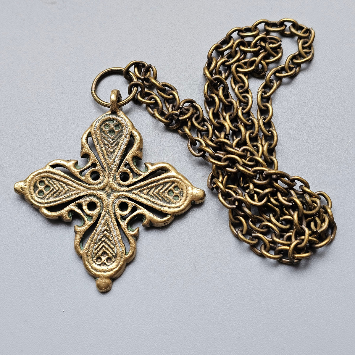 Vintage Finnish Bronze Medieval Revival Cross Pendant Necklace