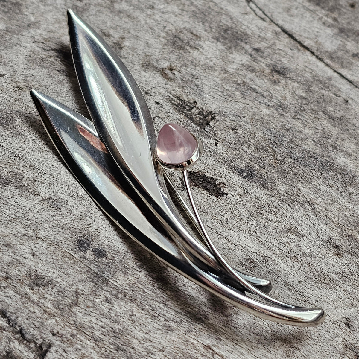 Vintage 60s Modernist Silver Rose Quartz Flower Brooch Elis Kauppi Kupittaan Kulta 1962