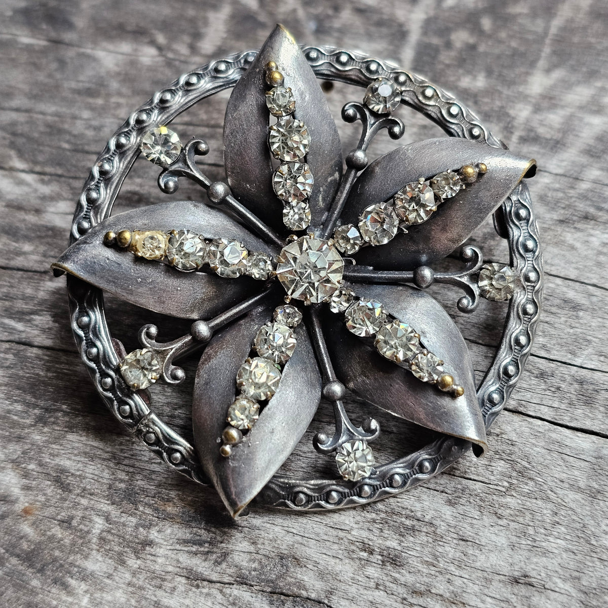 Vintage Nordic Folk Style Silver Tone Rhinestone Floral Brooch