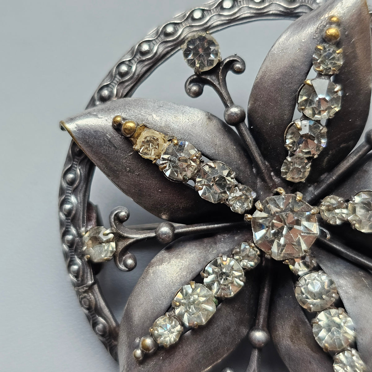Vintage Nordic Folk Style Silver Tone Rhinestone Floral Brooch