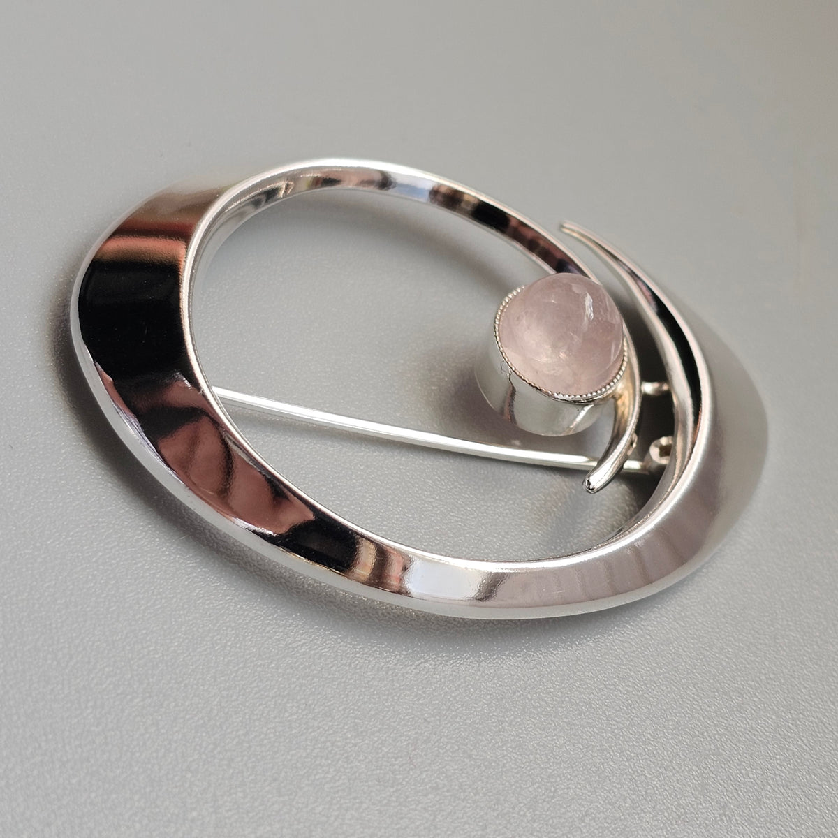 Vintage 1960s Erik Granit Finnish Silver Rose Quartz Modernist Brooch 1964