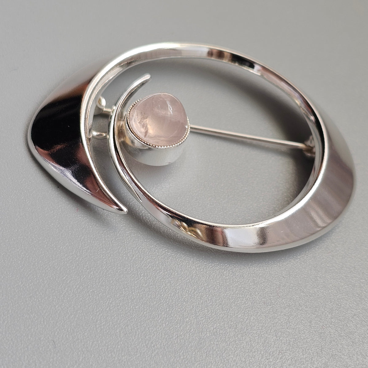 Vintage 1960s Erik Granit Finnish Silver Rose Quartz Modernist Brooch 1964